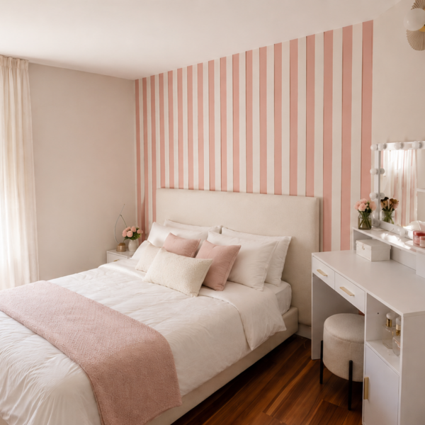 Décoration d'une chambre d'enfant à Valras-Plage avec papier peint à rayures roses, tête de lit rembourrée et coiffeuse sur-mesure blanche par Sophie Pico