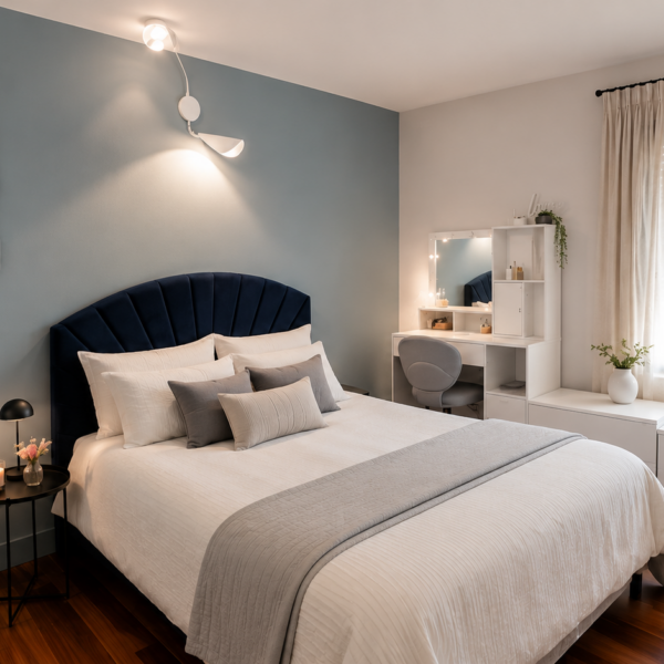 Chambre à coucher avec mur bleu orage, tête de lit en velours bleu nuit, espace coiffeuse blanche et rangements bas à Valras-Plage par Sophie Pico
