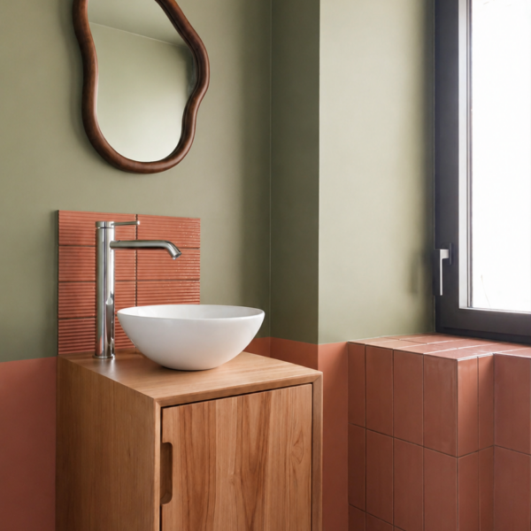 Lave-mains suspendu en bois sur-mesure avec crédence en faïence terracotta, miroir organique et mur vert sauge dans des WC rénovés à Valras-Plage par Sophie Pico