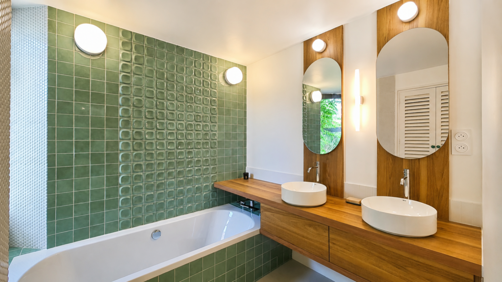 Salle de bains principale avec baignoire encastrée, mur en carrelage vert d'eau texturé, plan double vasque en bois et miroirs ovales à Valras-Plage par Sophie Pico