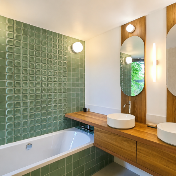 Salle de bains principale avec baignoire encastrée, mur en carrelage vert d'eau texturé, plan double vasque en bois et miroirs ovales à Valras-Plage par Sophie Pico